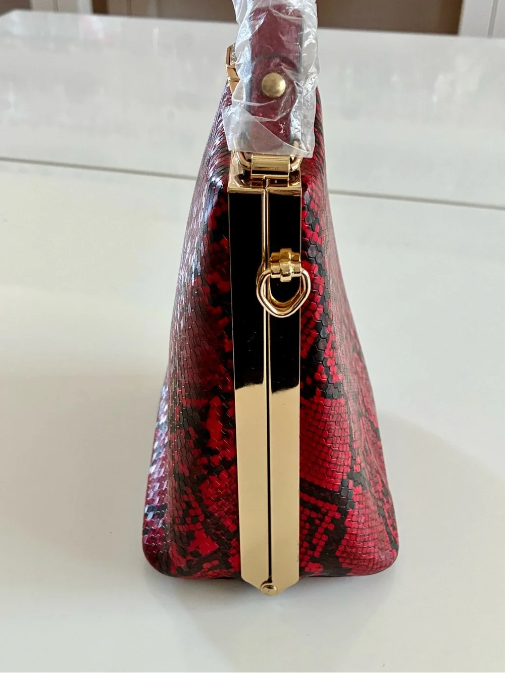 Red Polyurethane Snake-Print Top Handle Bag w/Crossbody Strap NEW UNUSED - READ